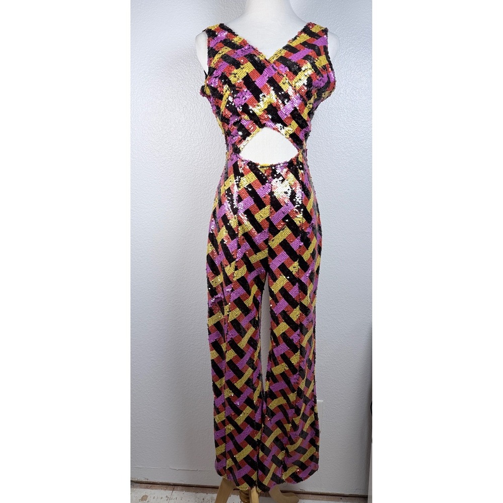 Nasty Gal Sequin Cut Out Flare Jumpsuit Womens Size 4 - Picture 2 of 9